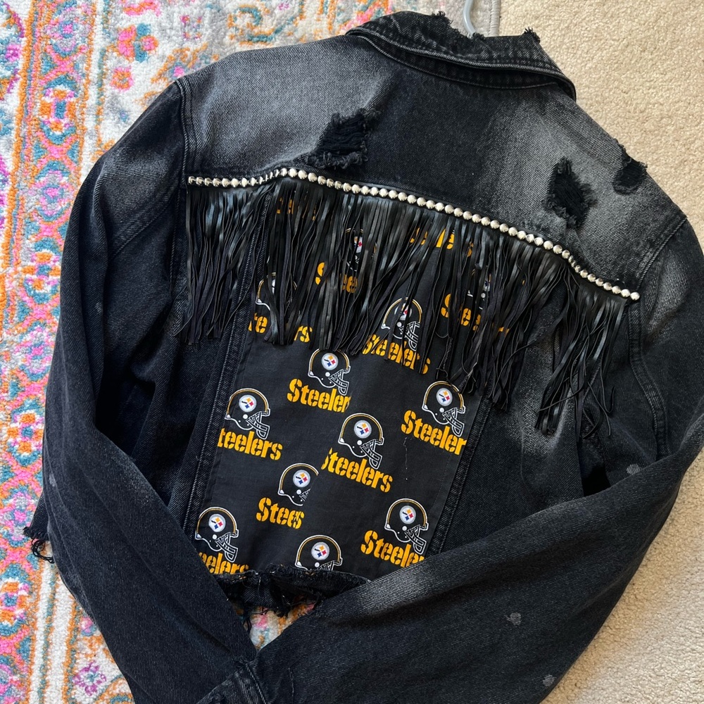 Upcycled Pittsburgh steeler fringe black jean jacket